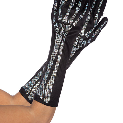 Skeletthandskar Svart Silver Strass
