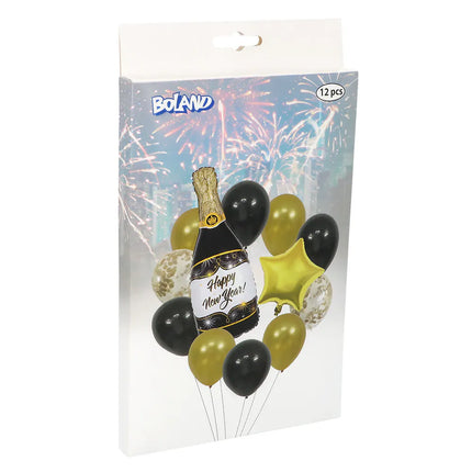 Ballongset ”Happy New Year” (2 folieballonger, 10 latexballonger, sugrör och band 10 m)