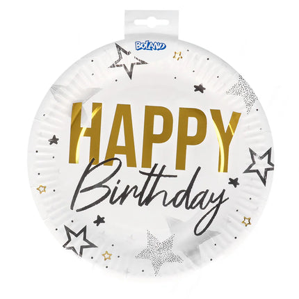 Set med 8 pappers tallrikar med texten ”Happy birthday” (Ø 23 cm)