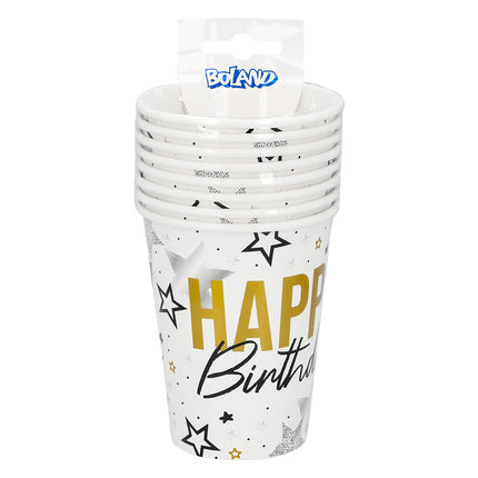 Set med 8 pappersmuggar med texten ”Happy birthday” (25 cl)
