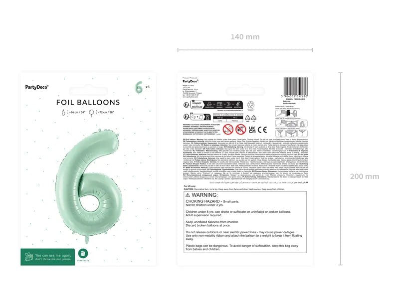 6 Jaar Cijfer Ballon Mintgroen Leeg 72cm van Partydeco koop je bij Partywinkel
