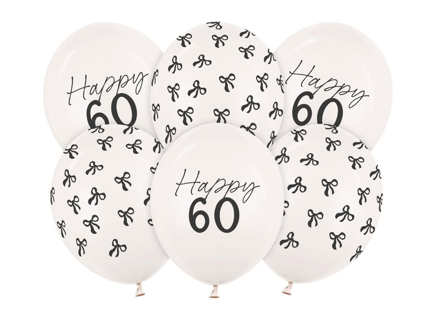 60 Jaar Ballonnen Zwart Wit Strik 30cm 6st van Partydeco koop je bij Partywinkel