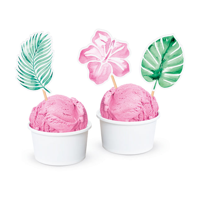 Gröna och rosa cocktailpinnar med bladmotiv, 12 st