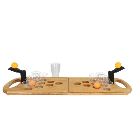 Dricklekset Shot Pong (hopfällbart spelbräde i trä, 2 skottglas, 4 bollar, 12 shotglas)