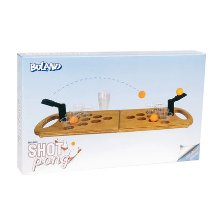 Dricklekset Shot Pong (hopfällbart spelbräde i trä, 2 skottglas, 4 bollar, 12 shotglas)