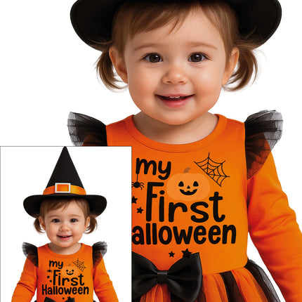 Halloween-kostym: svart och orange babyhäxa