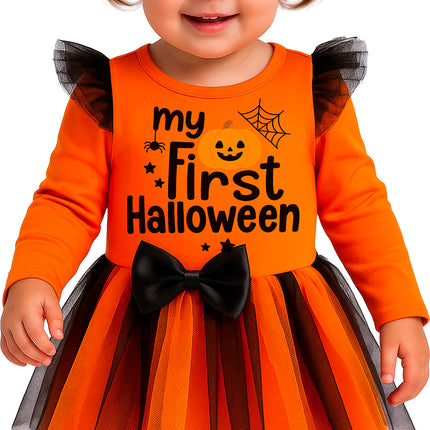Halloween-kostym: svart och orange babyhäxa