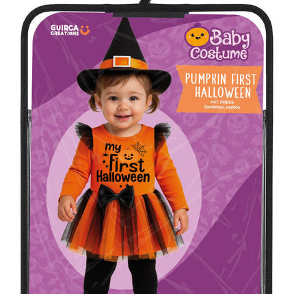 Halloween-kostym: svart och orange babyhäxa