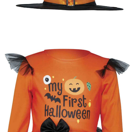 Halloween-kostym: svart och orange babyhäxa