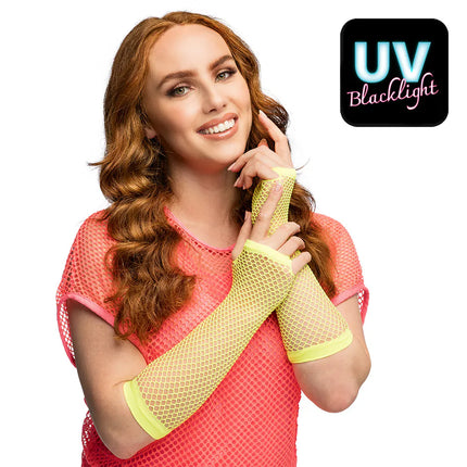 Ett par handskar med armbågsskydd i mesh, neongult