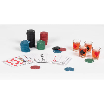 Drickpoker-set (120 pokermarker, 1 kortlek, 4 shotglas)