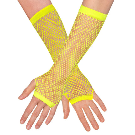 Ett par handskar med armbågsskydd i mesh, neongult