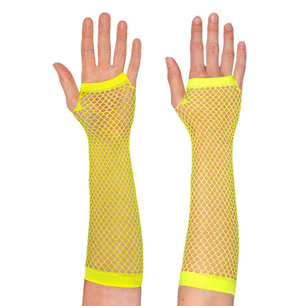 Ett par handskar med armbågsskydd i mesh, neongult
