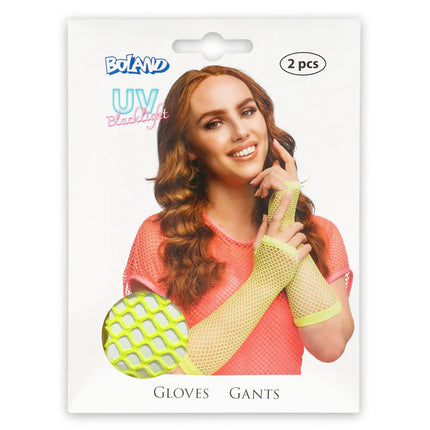 Ett par handskar med armbågsskydd i mesh, neongult