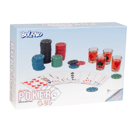 Drickpoker-set (120 pokermarker, 1 kortlek, 4 shotglas)