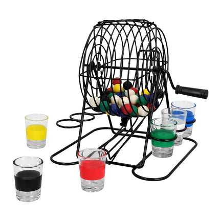Drickleksset ”Bingo shots” (bingohjul i metall, 48 kulor, 6 shotglas)