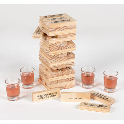 Dricklekset ”Drinking Tower” (4 shotglas, 54 träklossar)