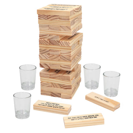 Dricklekset ”Drinking Tower” (4 shotglas, 54 träklossar)