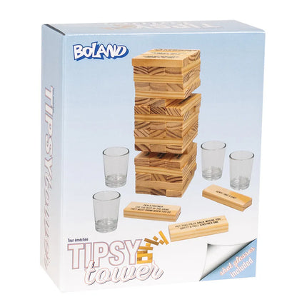 Dricklekset ”Drinking Tower” (4 shotglas, 54 träklossar)