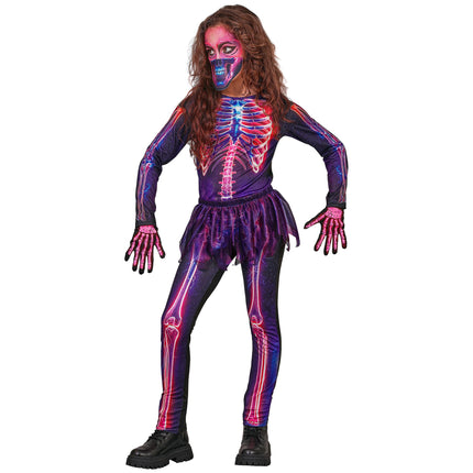 Halloween-kostym, lila, neonfärgat skelett för barn