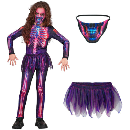 Halloween-kostym, lila, neonfärgat skelett för barn