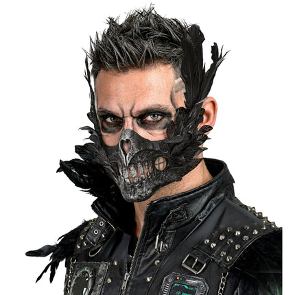 Halloween-mask – svart dödskalle med fjädrar