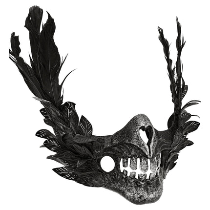 Halloween-mask – svart dödskalle med fjädrar