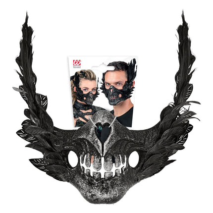 Halloween-mask – svart dödskalle med fjädrar