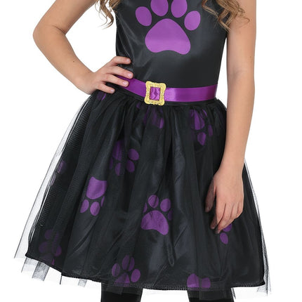 Halloween-klänning, svart, barn, lila katt