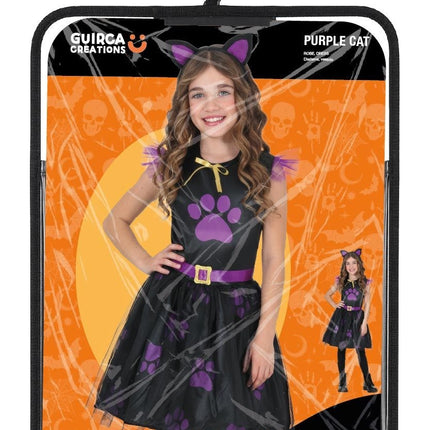 Halloween-klänning, svart, barn, lila katt
