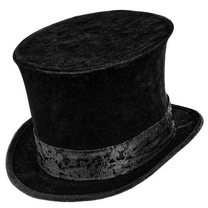 HÖG HATT I SAMMET MED BAND, SVART, 16 CM