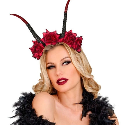 Halloween-hårband, svart och rött, med djävulsmotiv och blomma