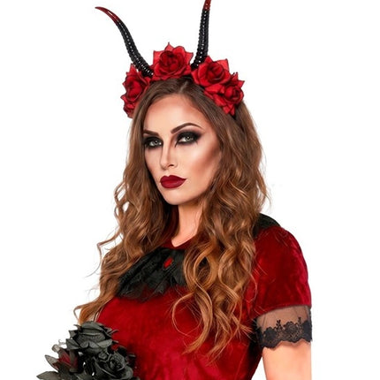 Halloween-hårband, svart och rött, med djävulsmotiv och blomma