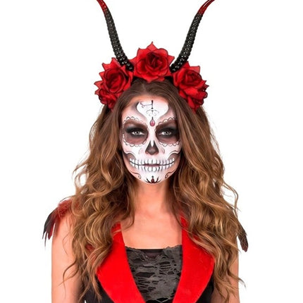 Halloween-hårband, svart och rött, med djävulsmotiv och blomma