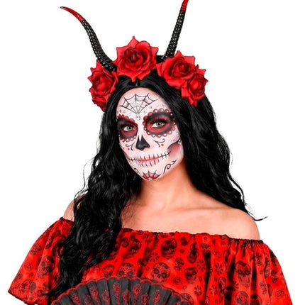 Halloween-hårband, svart och rött, med djävulsmotiv och blomma