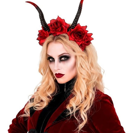 Halloween-hårband, svart och rött, med djävulsmotiv och blomma