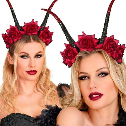 Halloween-hårband, svart och rött, med djävulsmotiv och blomma