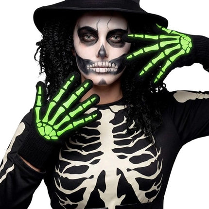 Halloween-handskar, svarta och vita, med skelettmönster, lyser i mörkret
