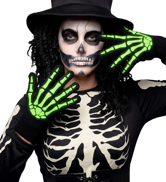 Halloween-handskar, svarta och vita, med skelettmönster, lyser i mörkret