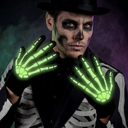 Halloween-handskar, svarta och vita, med skelettmönster, lyser i mörkret