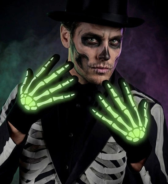 Halloween-handskar, svarta och vita, med skelettmönster, lyser i mörkret
