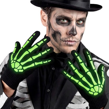 Halloween-handskar, svarta och vita, med skelettmönster, lyser i mörkret