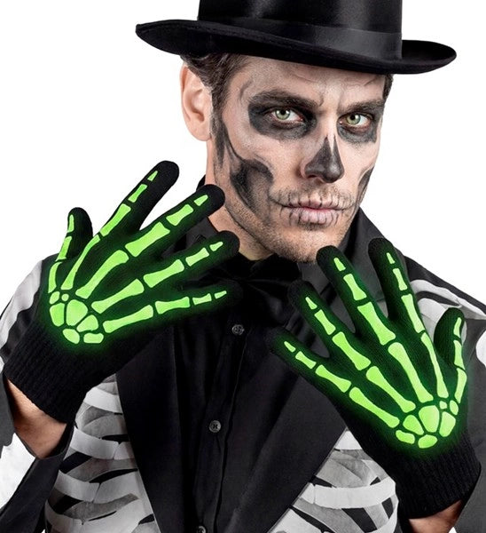 Halloween-handskar, svarta och vita, med skelettmönster, lyser i mörkret