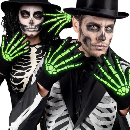 Halloween-handskar, svarta och vita, med skelettmönster, lyser i mörkret