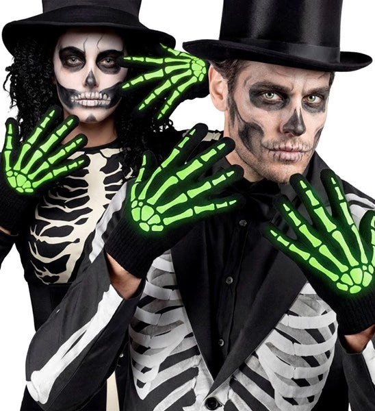 Halloween-handskar, svarta och vita, med skelettmönster, lyser i mörkret