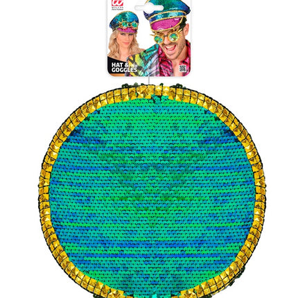 Färgad keps med paljetter och skyddsglasögon