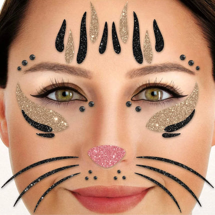 Guld-svarta falska tatueringar för ansiktet med glitter – katt