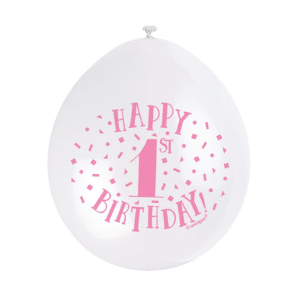 Ballonnen 1 Jaar Happy Birthday Roze 28cm 10st van Unique koop je bij Partywinkel