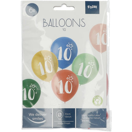 Ballonnen 10 Jaar Gekleurd 33cm 6st van Folat koop je bij Partywinkel