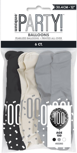Ballonnen 100 Jaar Stippen Zwart 30cm 6st van Unique koop je bij Partywinkel